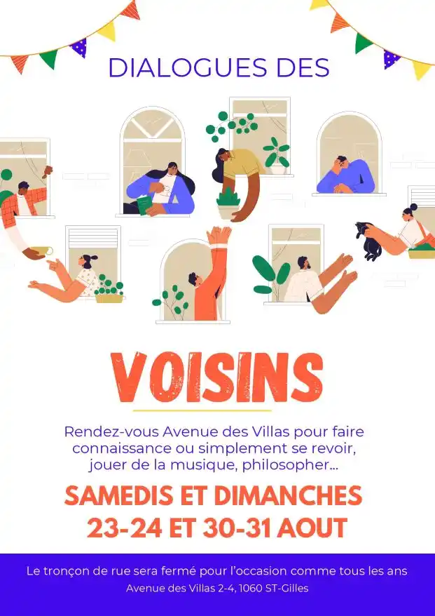 Affiche de l'evenement dialogue des voisins qui a lieu dans la commune de Sain Gilles, à Bruxelles