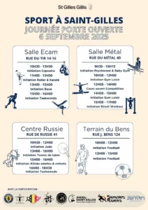 affiche de la journée portes ouvertes dans la commune de saint gilles, à Bruxelles où on peut assister à des initiations au taekwondo, au football, capoeira, roller, karate, boxe, psychomotricité, baby gym, gym loisir, street workout, judo, tennis de table aïkido pour adultes et enfants.